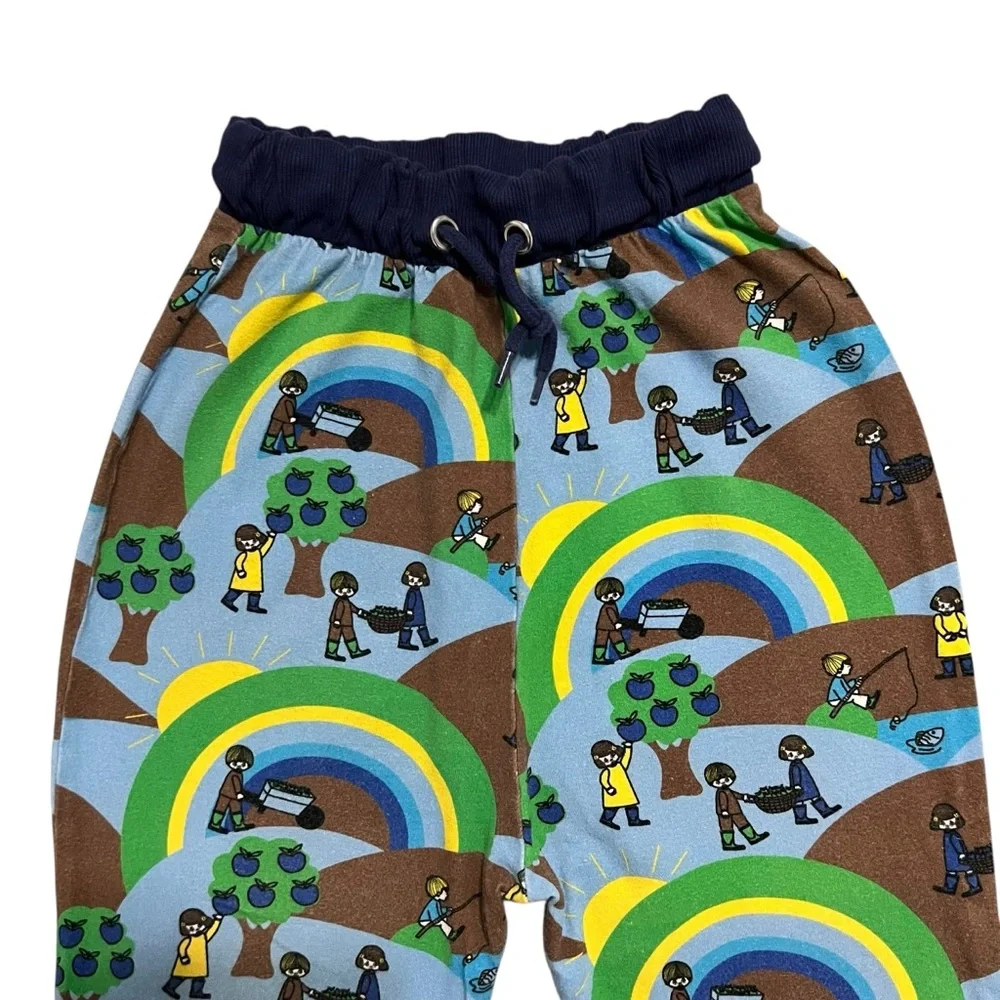 Smafolk 7-8Y Organic Blue Landscape Pants Sunshine Apples Rainbows Fishing